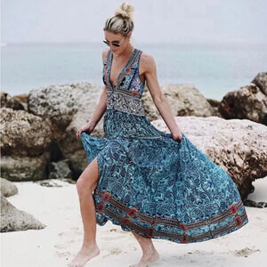 Rococo Sand 100% Silk Tiered Paisley & Floral Button Front Maxi Dress - Size XS